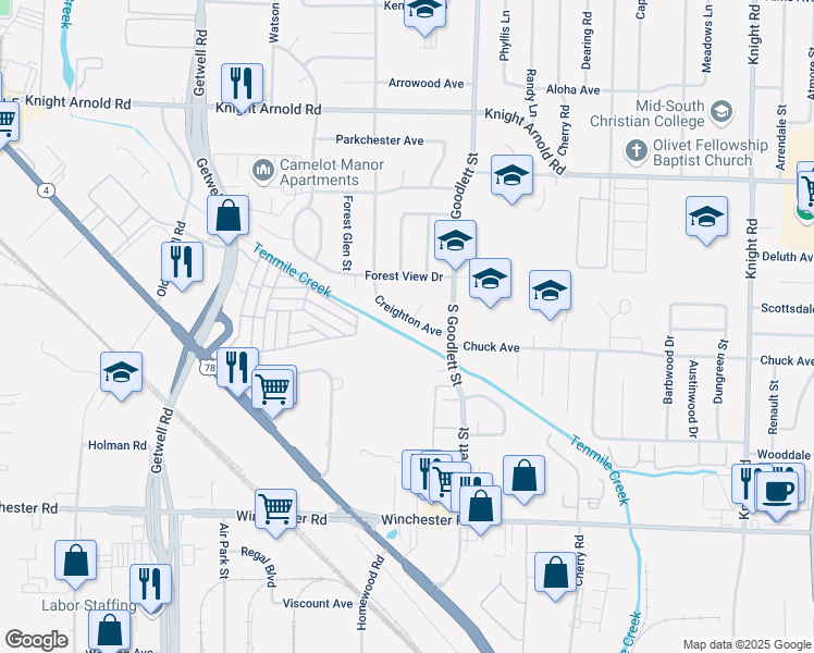 map of restaurants, bars, coffee shops, grocery stores, and more near 3352 Creighton Avenue in Memphis
