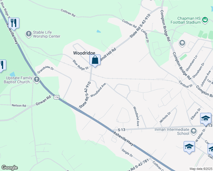 map of restaurants, bars, coffee shops, grocery stores, and more near 439 Woodland Avenue in Inman