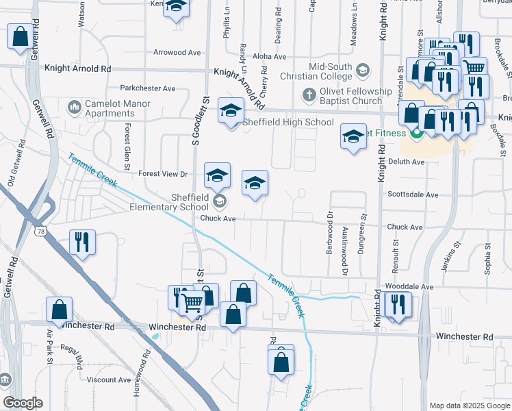 map of restaurants, bars, coffee shops, grocery stores, and more near 4350 Chuck Avenue in Memphis