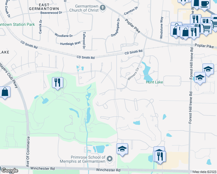 map of restaurants, bars, coffee shops, grocery stores, and more near 8726 Windrush in Memphis