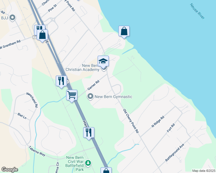 map of restaurants, bars, coffee shops, grocery stores, and more near 3009 Old Cherry Point Road in New Bern