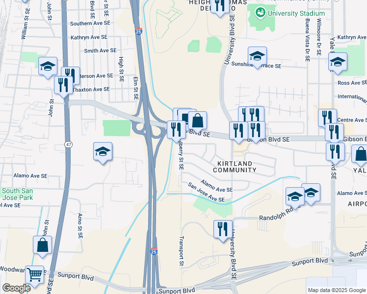 map of restaurants, bars, coffee shops, grocery stores, and more near 1300 Gerald Ave SE in Albuquerque