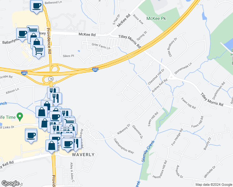 map of restaurants, bars, coffee shops, grocery stores, and more near 10916 Chestnut Hill Drive in Matthews