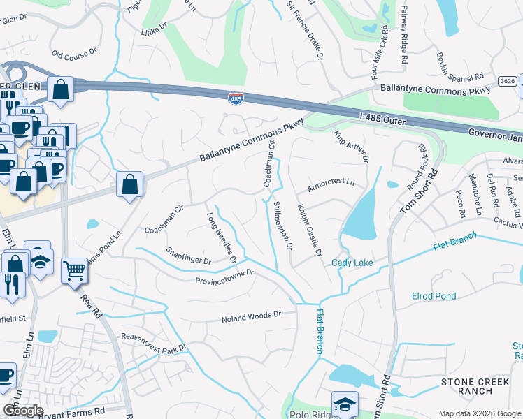 map of restaurants, bars, coffee shops, grocery stores, and more near 7036 Huntsmaster Drive in Charlotte