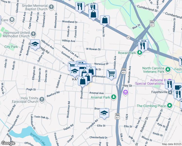 map of restaurants, bars, coffee shops, grocery stores, and more near 1100 Clarendon Street in Fayetteville