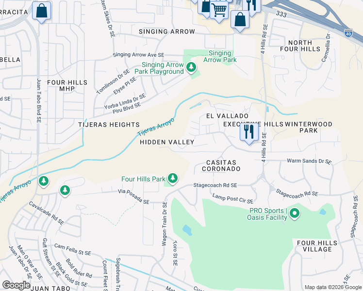 map of restaurants, bars, coffee shops, grocery stores, and more near 829 Hackberry Trail Southeast in Albuquerque