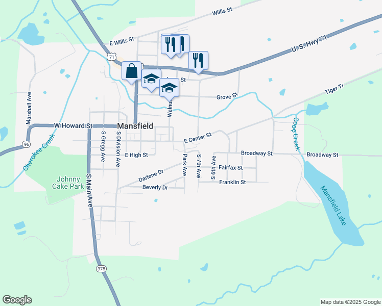 map of restaurants, bars, coffee shops, grocery stores, and more near 605 Broadway Street in Mansfield