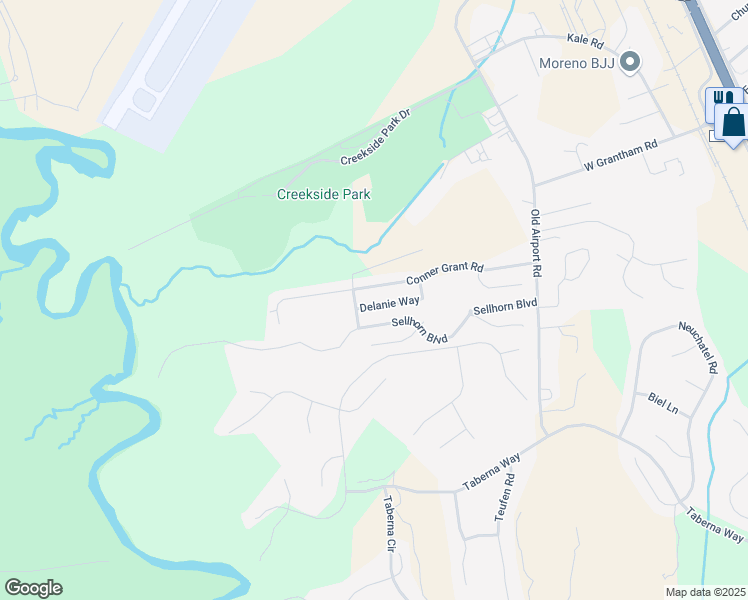 map of restaurants, bars, coffee shops, grocery stores, and more near 114 Delanie Way in New Bern