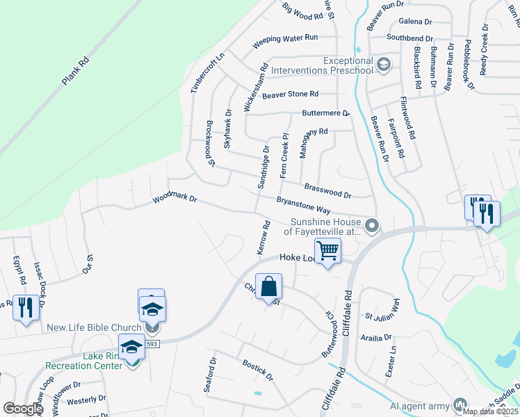 map of restaurants, bars, coffee shops, grocery stores, and more near 6864 Woodmark Drive in Fayetteville