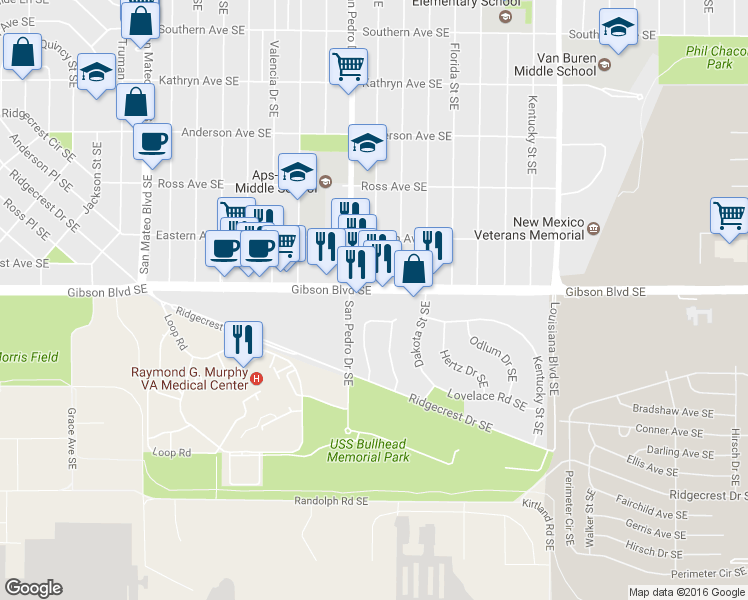 map of restaurants, bars, coffee shops, grocery stores, and more near 5814 Gibson Boulevard Southeast in Albuquerque