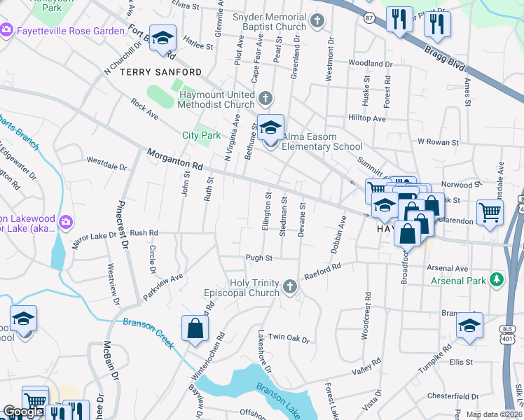 map of restaurants, bars, coffee shops, grocery stores, and more near 118 Ellington St in Fayetteville