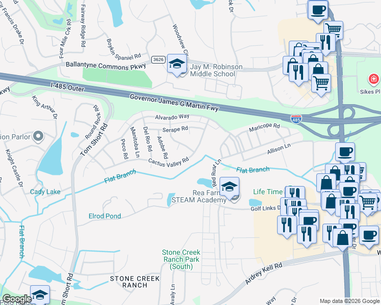 map of restaurants, bars, coffee shops, grocery stores, and more near 5704 Cactus Valley Road in Charlotte