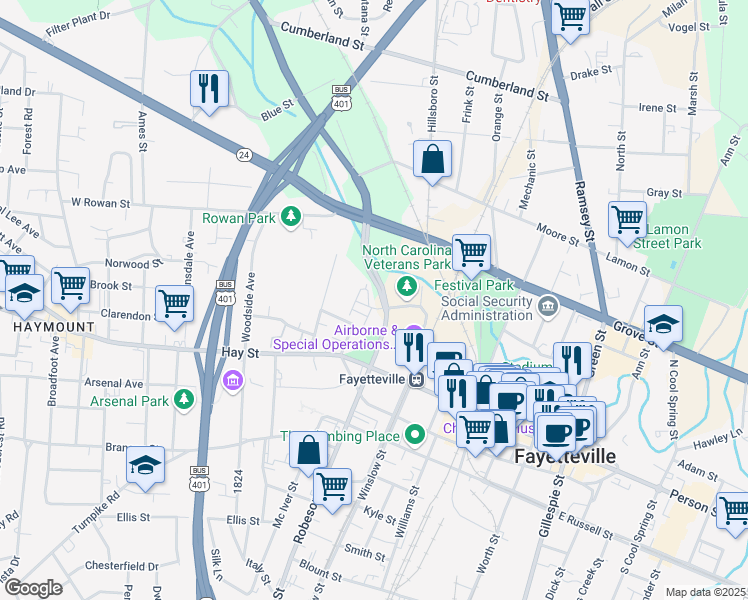 map of restaurants, bars, coffee shops, grocery stores, and more near 220 Hugh Shelton Loop in Fayetteville