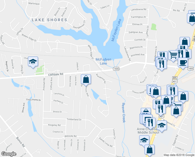 map of restaurants, bars, coffee shops, grocery stores, and more near 468 Brandermill Road in Fayetteville