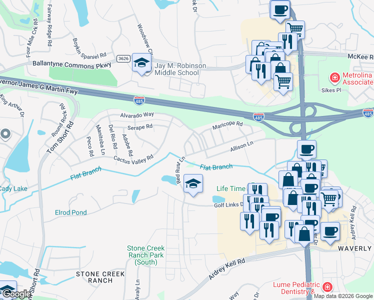 map of restaurants, bars, coffee shops, grocery stores, and more near 6714 Dusty Saddle Road in Charlotte
