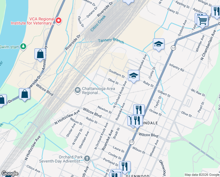 map of restaurants, bars, coffee shops, grocery stores, and more near 1795 Ocoee Street in Chattanooga