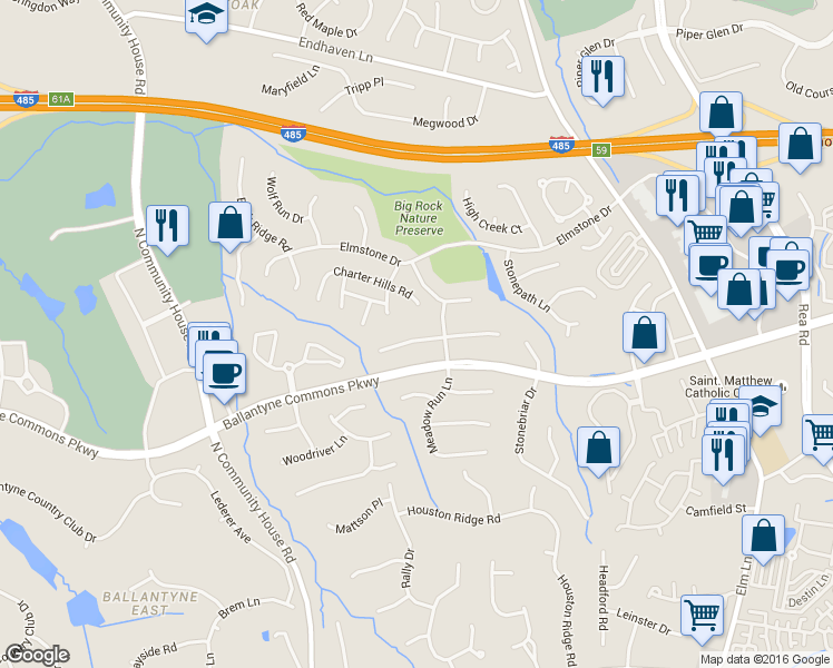 map of restaurants, bars, coffee shops, grocery stores, and more near 10813 Jordan Rae Lane in Charlotte
