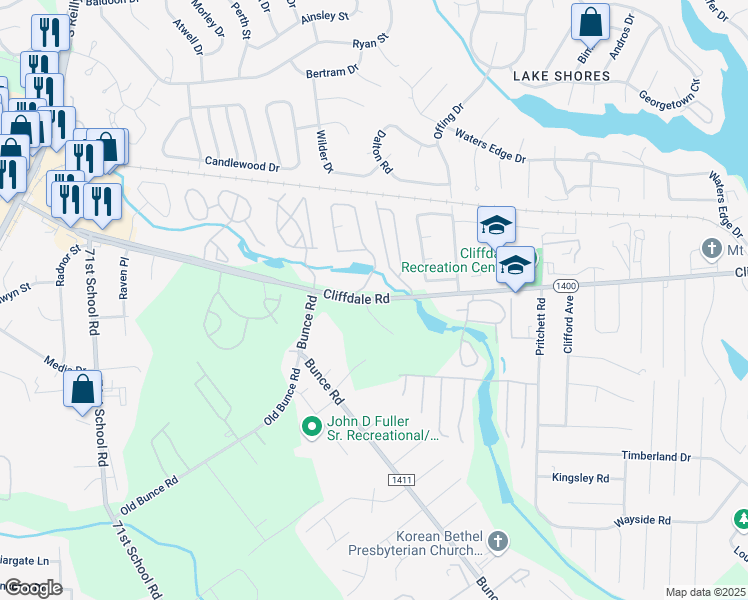 map of restaurants, bars, coffee shops, grocery stores, and more near Cliffdale Road in Fayetteville