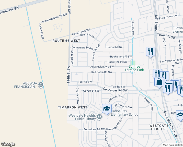 map of restaurants, bars, coffee shops, grocery stores, and more near 904 Hawk Drive Southwest in Albuquerque