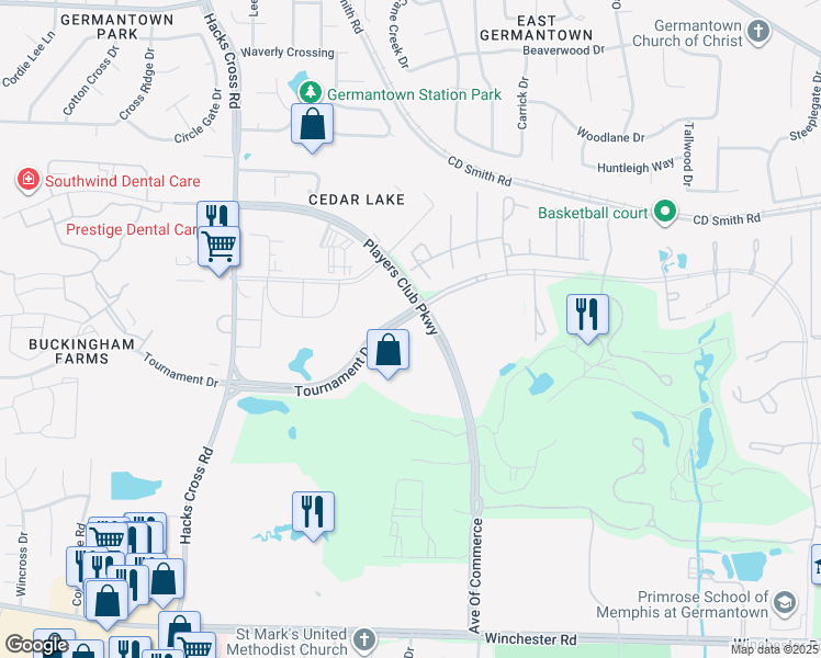 map of restaurants, bars, coffee shops, grocery stores, and more near 8295 Tournament Drive in Memphis