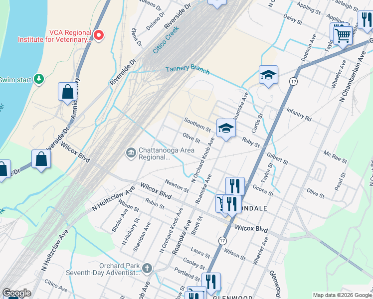 map of restaurants, bars, coffee shops, grocery stores, and more near 1795 Ocoee Street in Chattanooga
