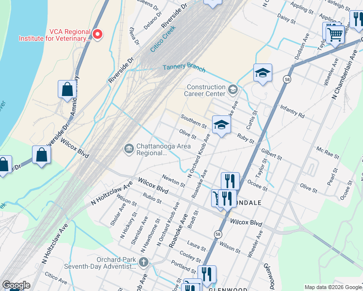 map of restaurants, bars, coffee shops, grocery stores, and more near 1795 Ocoee Street in Chattanooga