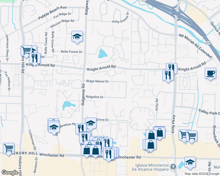 map of restaurants, bars, coffee shops, grocery stores, and more near 3316 Ridge Top Cove in Memphis