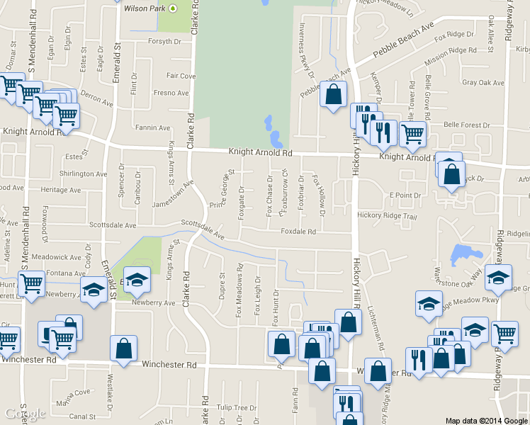 map of restaurants, bars, coffee shops, grocery stores, and more near 3326 Fox Chase Drive in Memphis