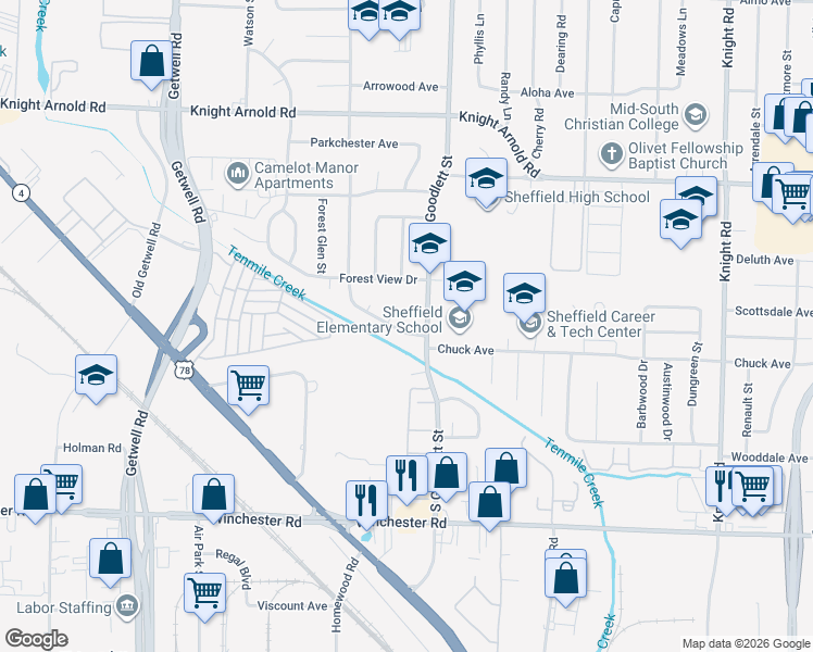 map of restaurants, bars, coffee shops, grocery stores, and more near 3352 Creighton Avenue in Memphis