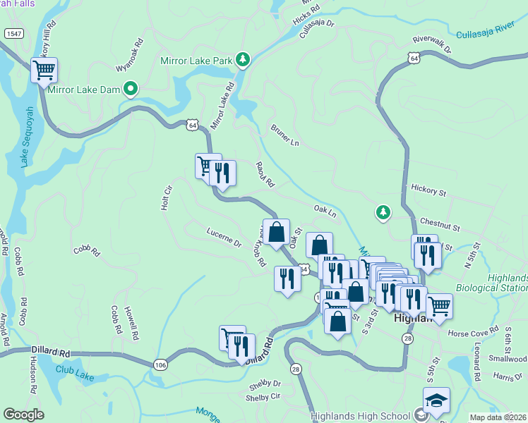 map of restaurants, bars, coffee shops, grocery stores, and more near 460 Franklin Road in Highlands