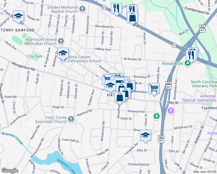 map of restaurants, bars, coffee shops, grocery stores, and more near 1307 Fort Bragg Road in Fayetteville
