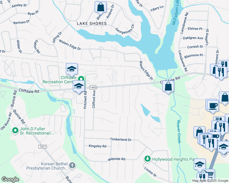 map of restaurants, bars, coffee shops, grocery stores, and more near 106 Nelson Avenue in Fayetteville