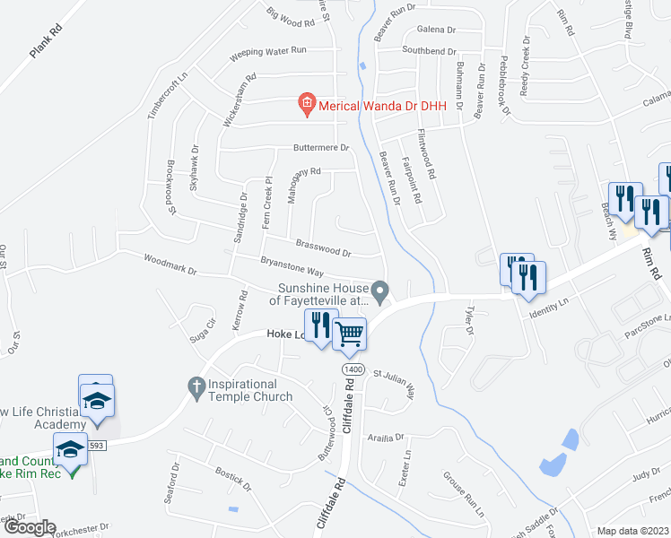 map of restaurants, bars, coffee shops, grocery stores, and more near 6820 Bryanstone Way in Fayetteville