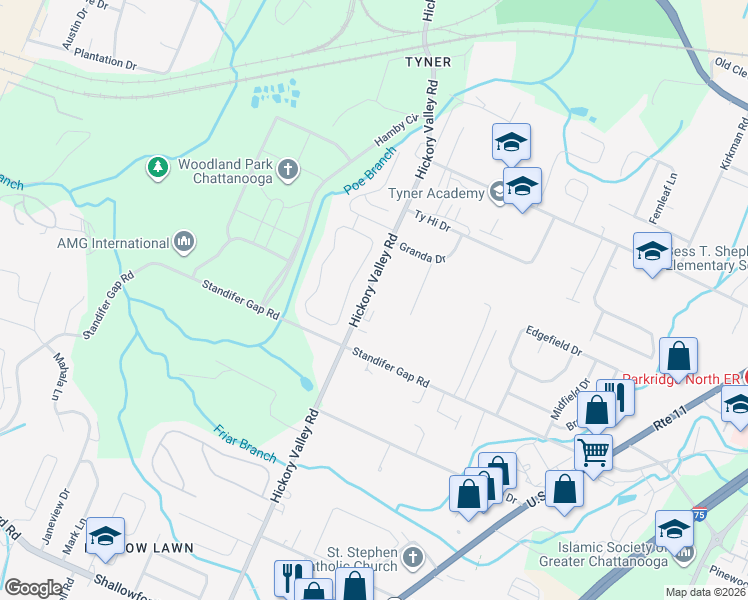 map of restaurants, bars, coffee shops, grocery stores, and more near 2612 Hickory Valley Road in Chattanooga