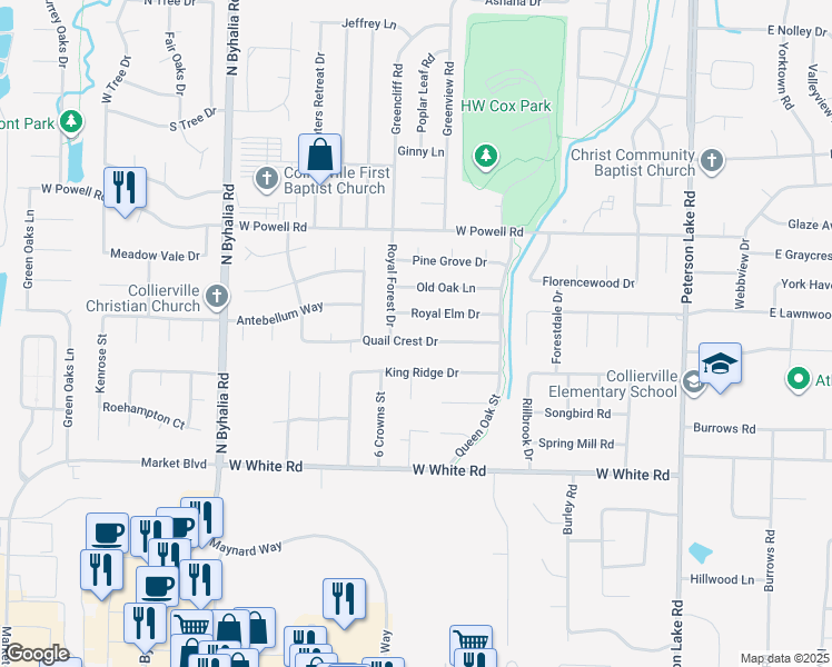 map of restaurants, bars, coffee shops, grocery stores, and more near 504 Quail Crest Drive in Collierville