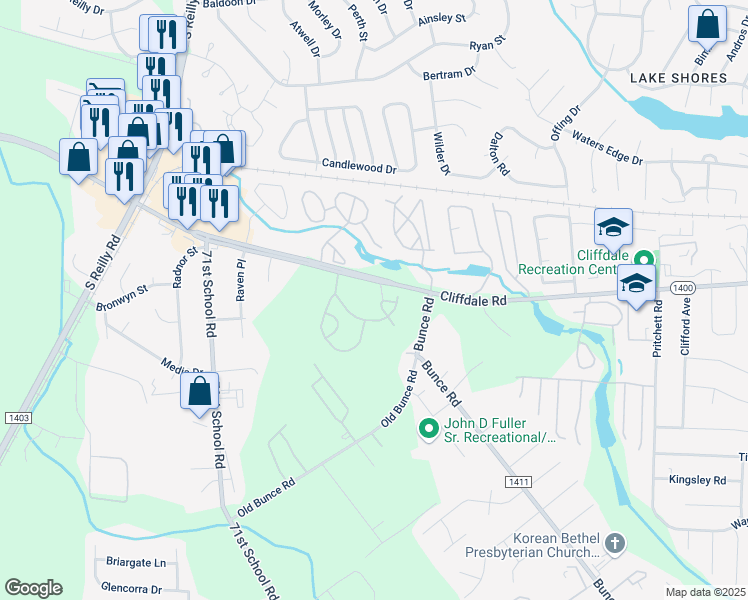 map of restaurants, bars, coffee shops, grocery stores, and more near 908 Cuffley Loop in Fayetteville