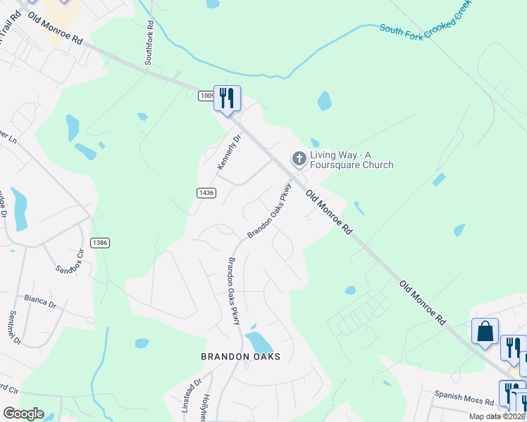 map of restaurants, bars, coffee shops, grocery stores, and more near 309 Braxton Drive in Indian Trail