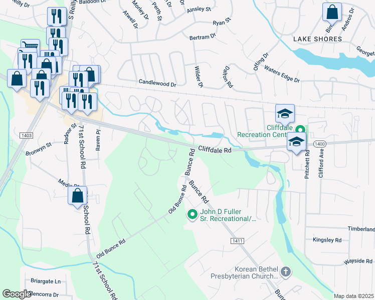 map of restaurants, bars, coffee shops, grocery stores, and more near 500 Bunce Road in Fayetteville