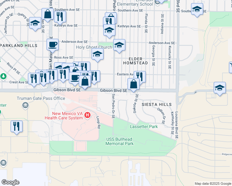 map of restaurants, bars, coffee shops, grocery stores, and more near 5750-5798 Gibson Boulevard Southeast in Albuquerque