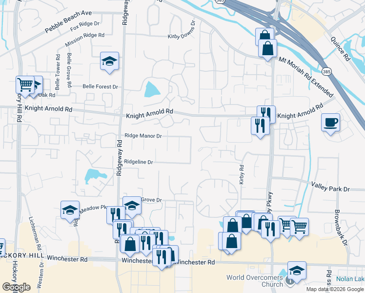 map of restaurants, bars, coffee shops, grocery stores, and more near 3326 Snow Ridge Cove in Memphis