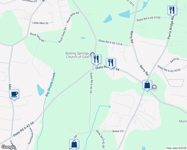 map of restaurants, bars, coffee shops, grocery stores, and more near 111 Thompson Creek Road in Boiling Springs