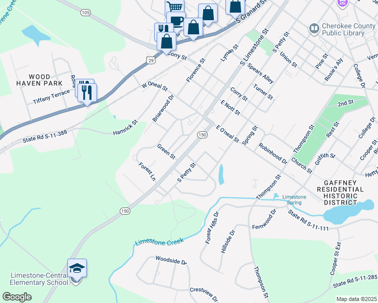 map of restaurants, bars, coffee shops, grocery stores, and more near 145 Pacolet Highway in Gaffney