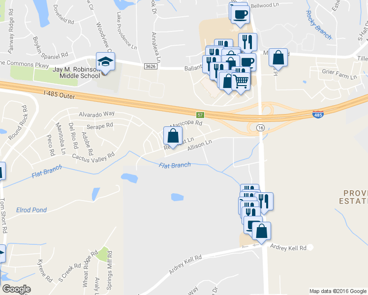 map of restaurants, bars, coffee shops, grocery stores, and more near 5462 Allison Lane in Charlotte