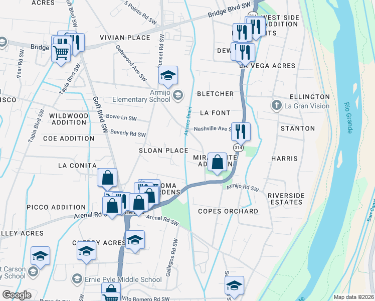 map of restaurants, bars, coffee shops, grocery stores, and more near 1122 Landon Lane Southwest in Albuquerque