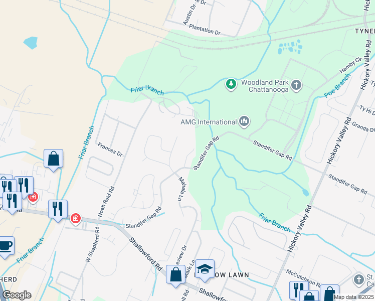 map of restaurants, bars, coffee shops, grocery stores, and more near 2315 Glencrofte Lane in Chattanooga