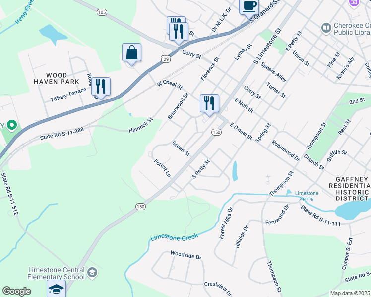 map of restaurants, bars, coffee shops, grocery stores, and more near 1107 S Limestone St in Gaffney