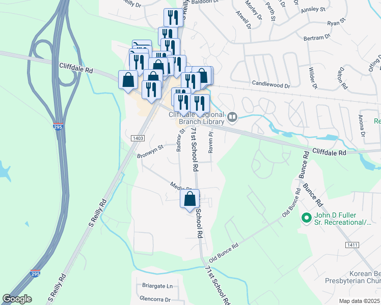 map of restaurants, bars, coffee shops, grocery stores, and more near 868 71st School Road in Fayetteville