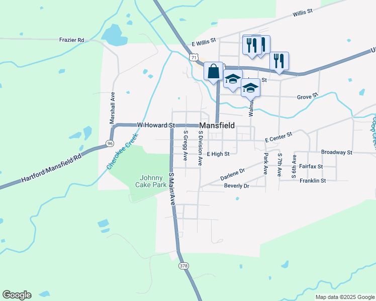 map of restaurants, bars, coffee shops, grocery stores, and more near 208 South Gregg Avenue in Mansfield