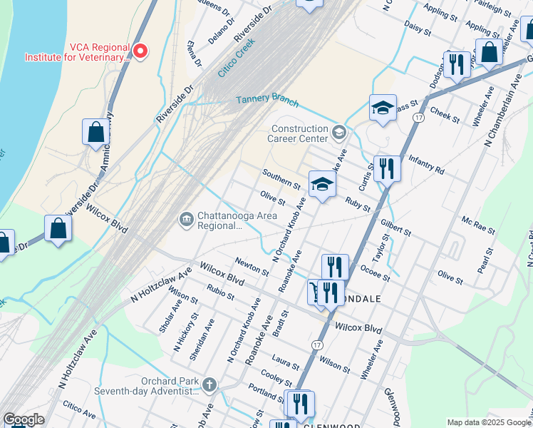 map of restaurants, bars, coffee shops, grocery stores, and more near 1795 Ocoee Street in Chattanooga