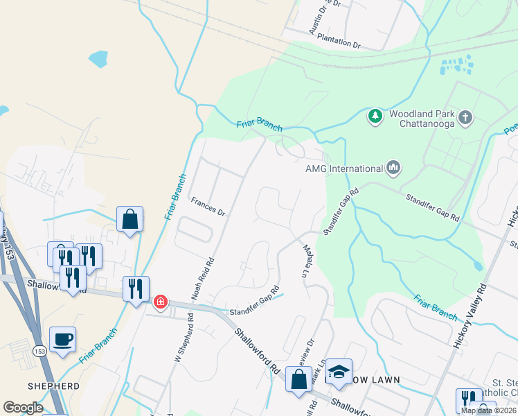 map of restaurants, bars, coffee shops, grocery stores, and more near 2325 Marco Circle in Chattanooga